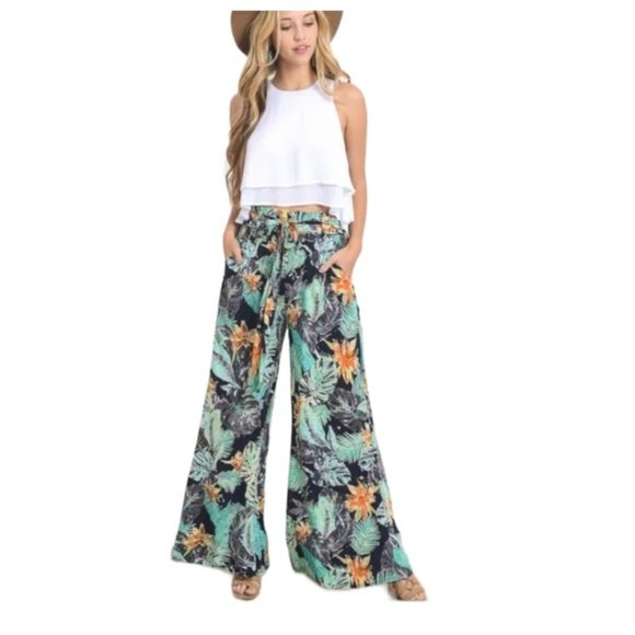 Nectar Pants Women's Size Large Black Green Dark Tropical‎ Print Palazzo - Picture 1 of 4